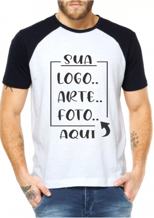 Camiseta Branca c/ Manga Preta Tecido Poliéster  4x0 Sublimação  